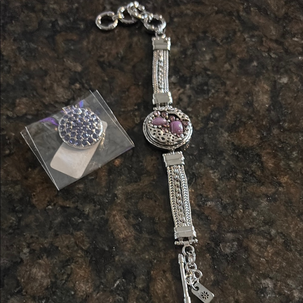 New Ginger Snap Intricate Silver and Purple Bracelet with Ornate Design